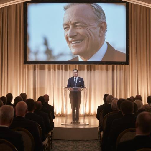 Vista de una sala donde se celebra un homenaje de vida, con el presentador ante el público y una pantalla con el rostro del homenajeado