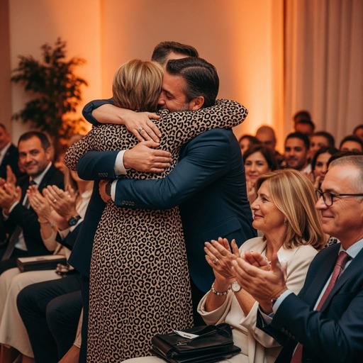 Dos hijos abrazan con emoción a su madre en medio de un acto de homenaje de vida mientras el resto del público aplaude