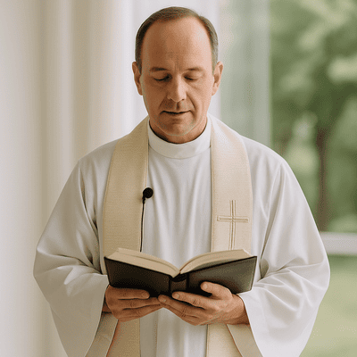 Párroco con su vestimenta sacramental leyendo la biblia