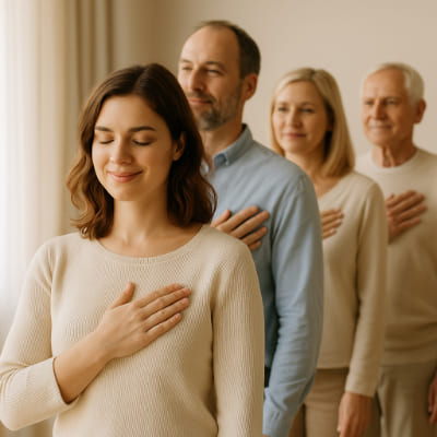 Varios adultos en pie con la mano sobre el corazón en actitud de gratitud