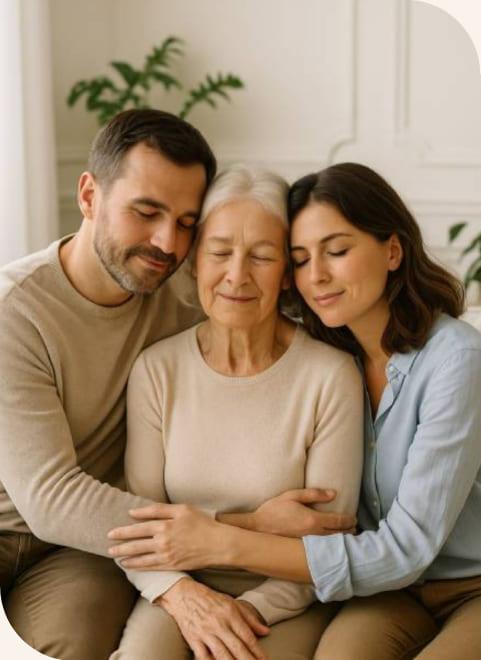Pareja abraza tiernamente a su madre mayor