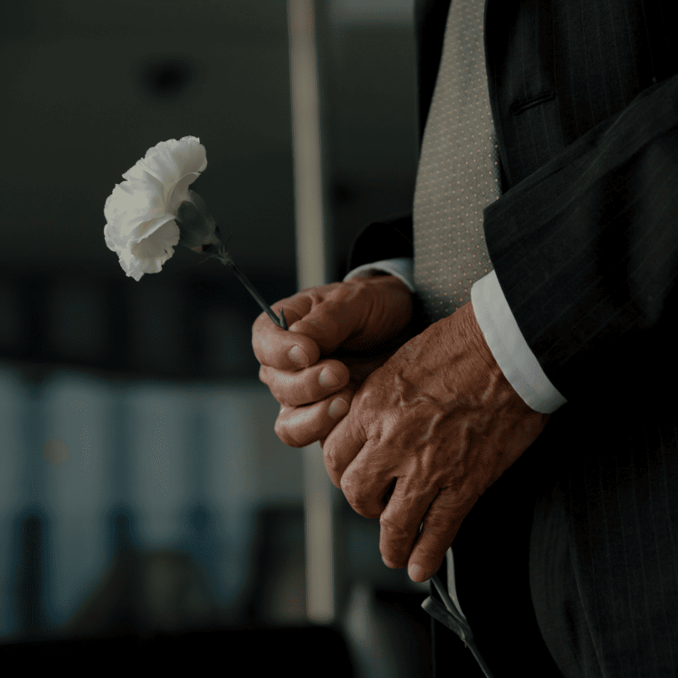 primer plano de un hombre mayor vestido elegantemente que sostiene un clavel blanco